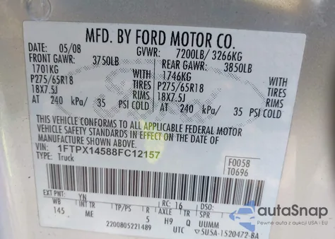 2008 Ford F-150 Fx4/Lariat/Xl/Xlt из США, поврежденный, VIN 1FTPX14588FC12157